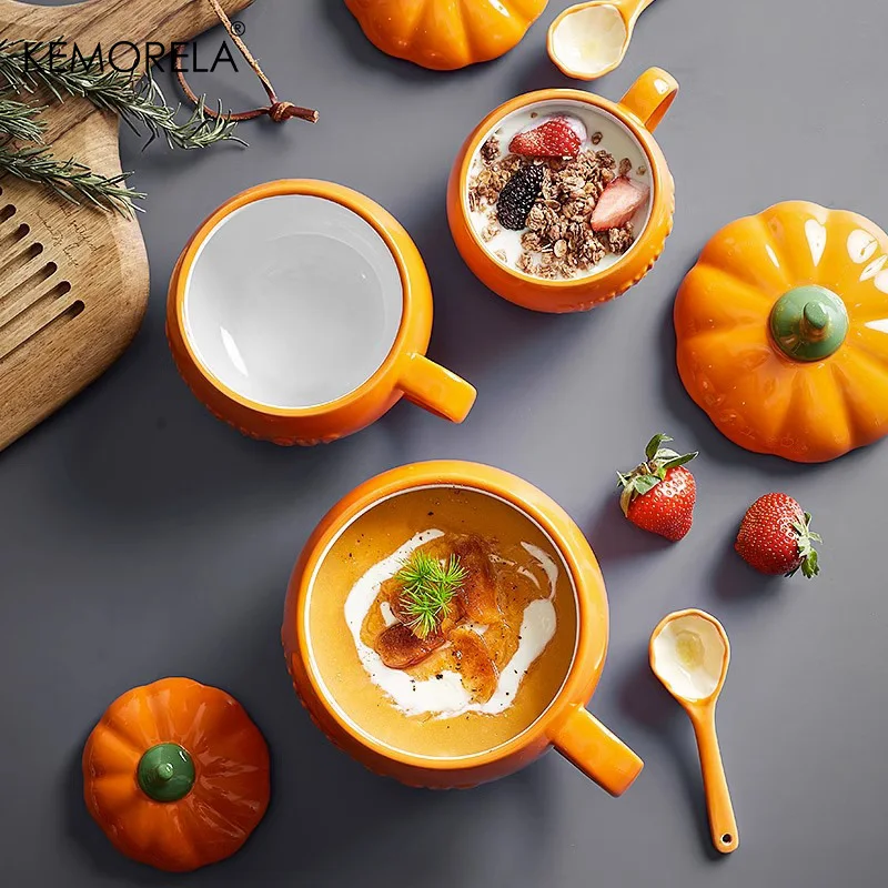 KEMORELA 1PC 300/500/850ML Halloween Pumpkin Shaped Bowl Ceramic Cup With Lid Spoon Kawaii Soup Mug Oatmeal Cup Creative Cup