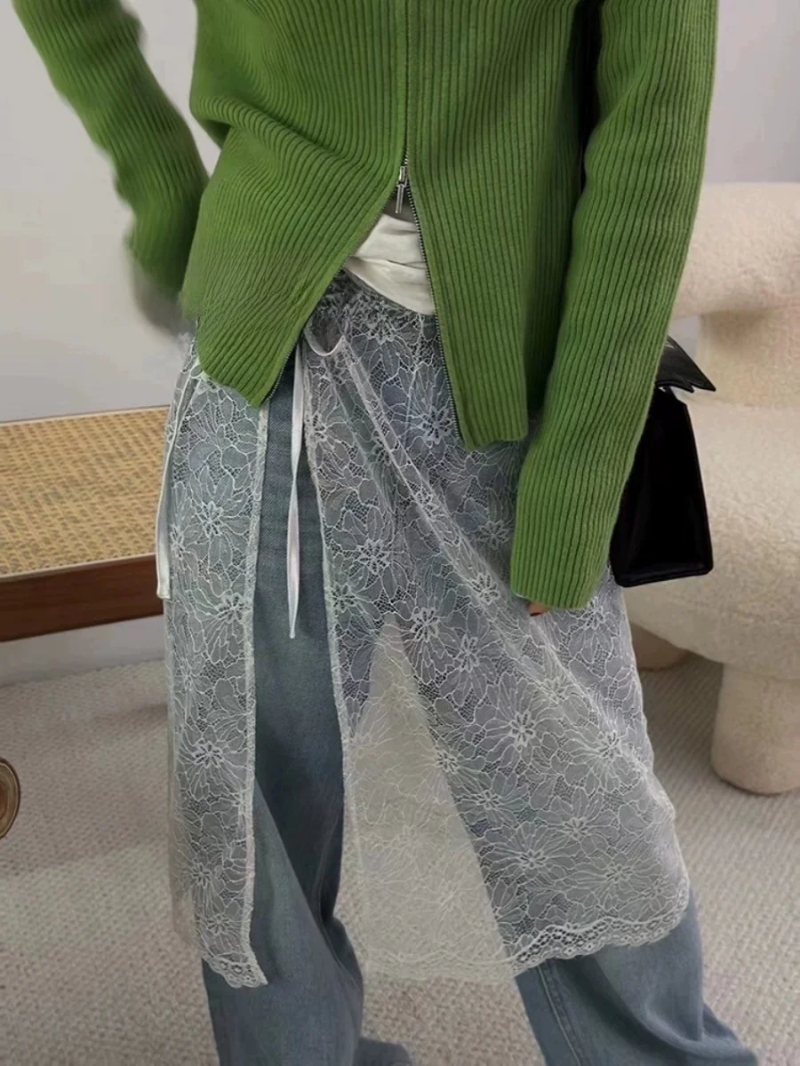 

2024 New Korean Sle Lace Skirt Sweet Aosphere Women's Midi Skirt Layered Wear Polyester Fabric A-Line Skirt mid Waist