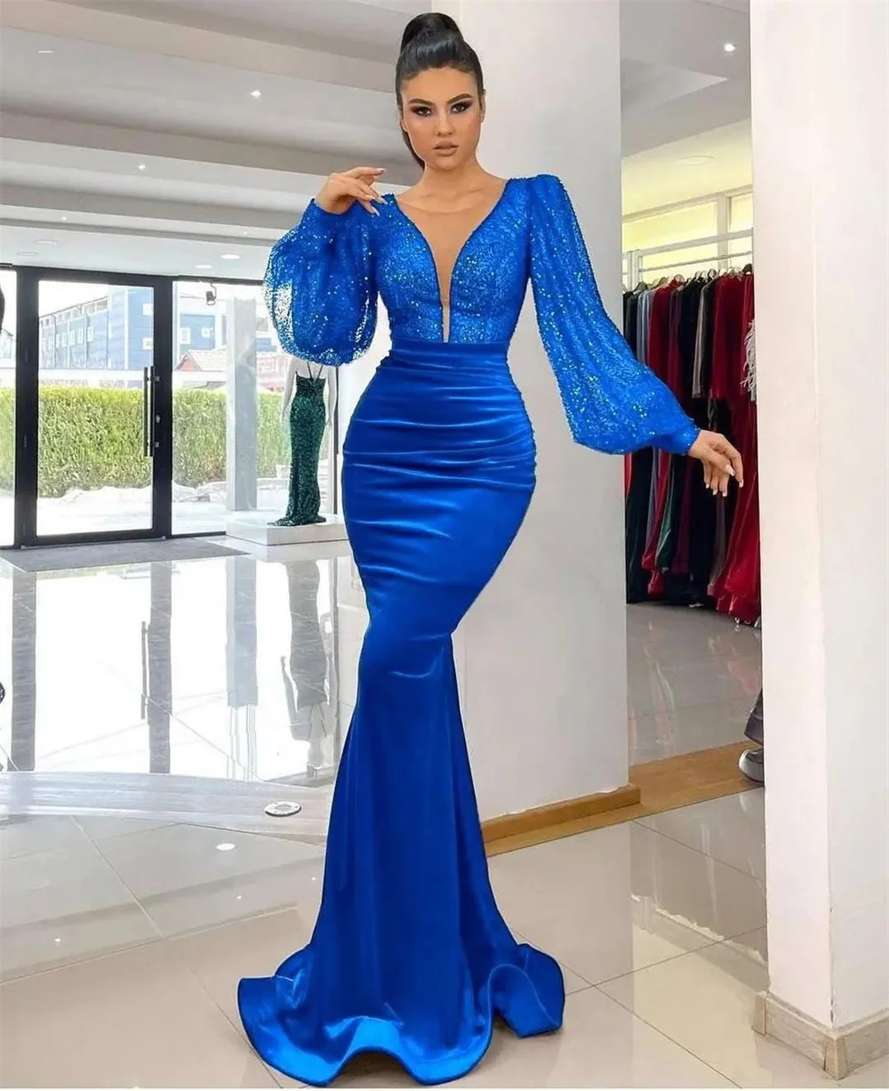 Deep V-Neck Puffy Sleeve Tulle Floor Length Vintage Glitter Mermaid Evening Formal Occasion Ruched Dresses Party Women Gown 2023