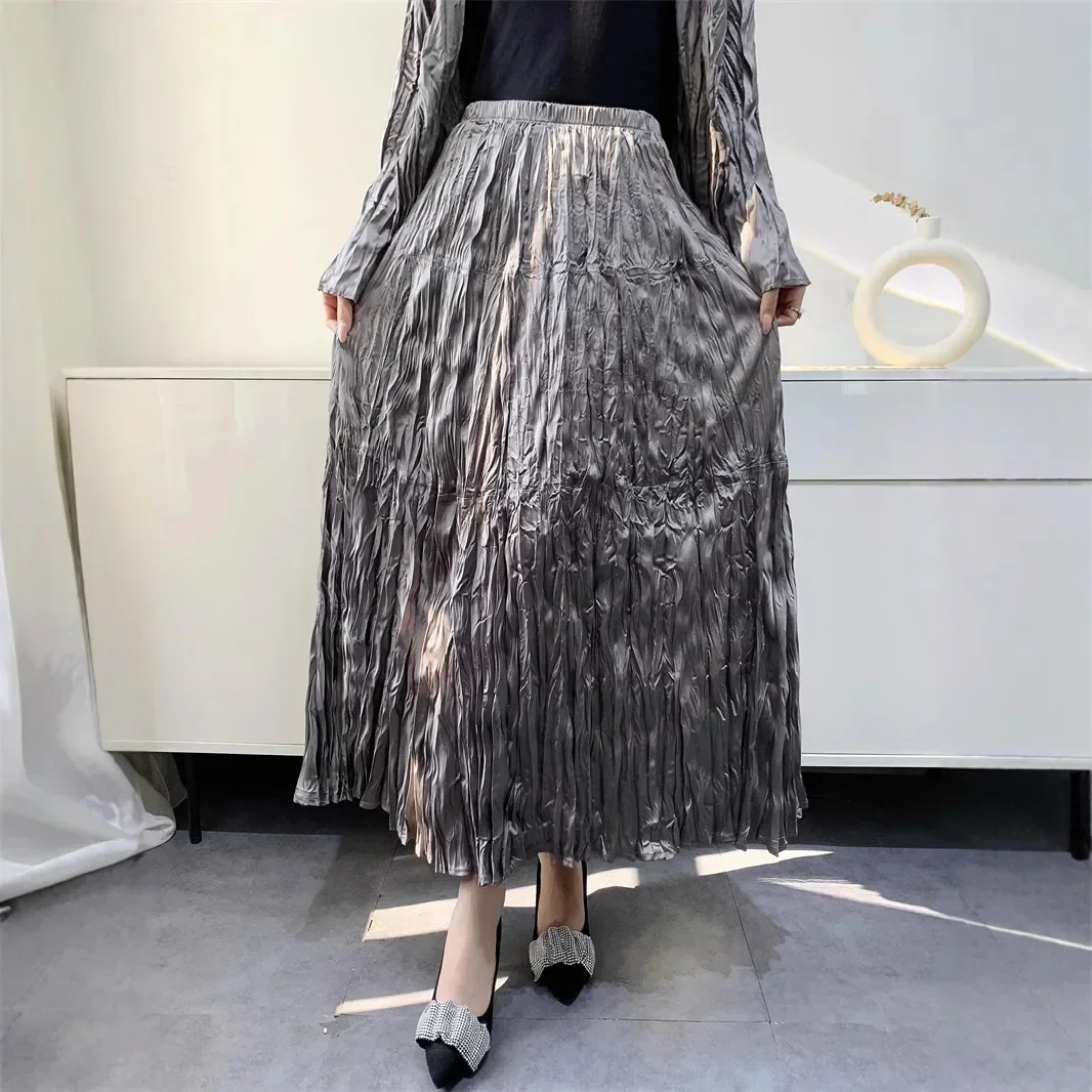 Miyake Handmade Pleated Large Swing Skirt Women Half-skirt 2-piece Loose Plus Size Slim Set Splicing Pleated Skirt 2024 Fall New