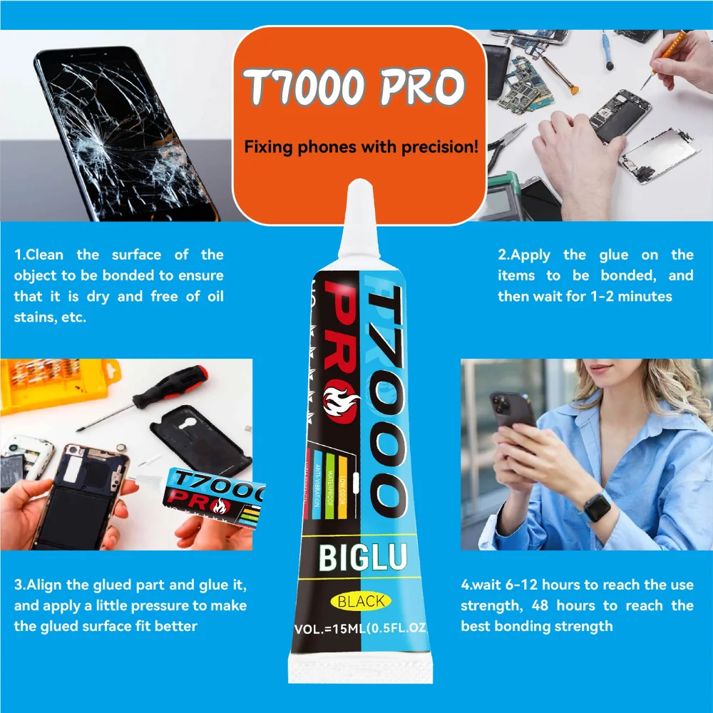 T7000 Black Contact Cellphone Tablet Repair Adhesive BIGLU Strong T7000 Pro Glue 15ML 50ML 110ML with Needle Outlet