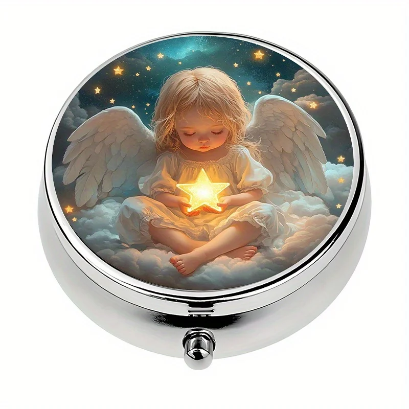 1-piece angel-themed mini pill box with 3 compartments, portable pill storage box or decorative vitamin organizer for handbags