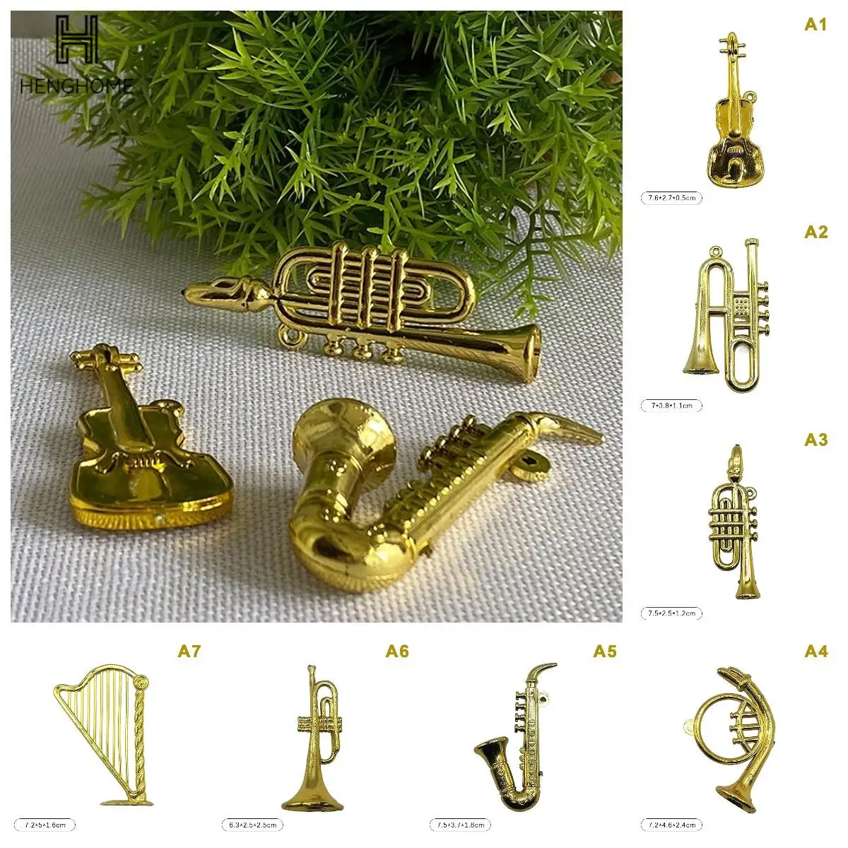 1pc Miniature Electroplated Gold Musical Instrument DIY Small Pendant Child Pretend Play Toy Christmas Tree Decor Accessories