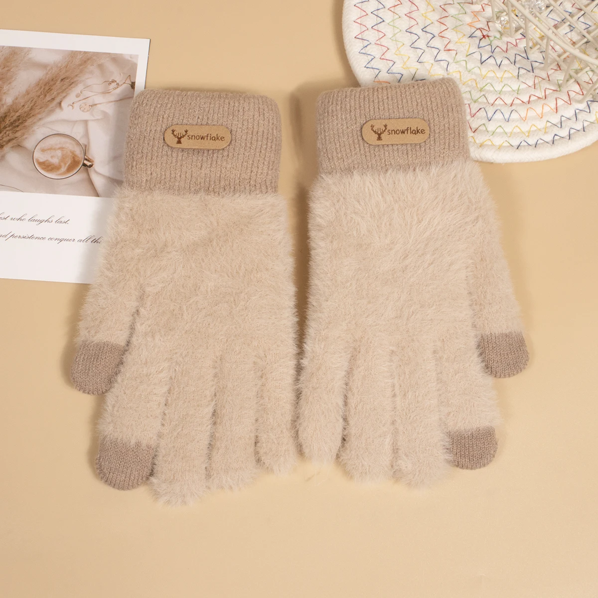 Unisex Plush Winter Gloves Candy Color Solid Deer Snowflake Print Full Finger Soft Warm Handwear for Men And Women