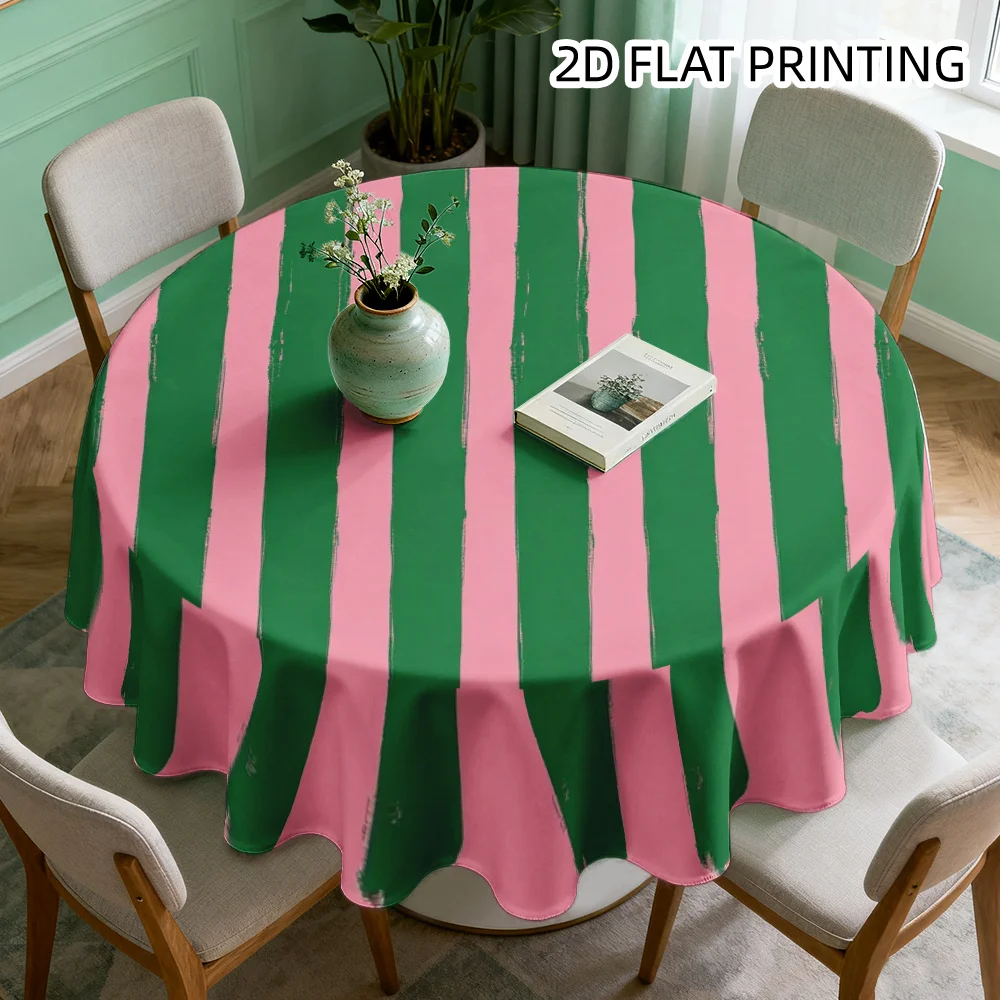 A round tablecloth | Modern green and pink striped pattern, durable polyester fabric,