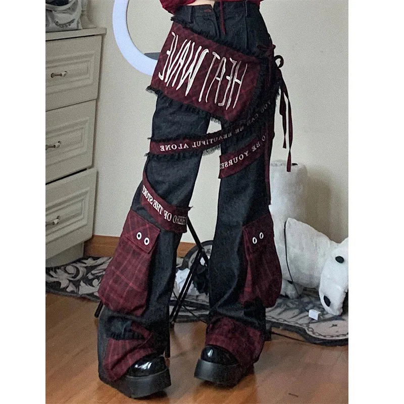 

Y2K Style Red Checkered Embroidered Workwear Jeans for Women, Trendy Street High-waisted Loose-fitting Wide-leg Pants