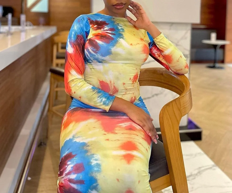 

Fashionable Backless Dress, Painted Color Contrasting Long Sleeved Pullover Long Skirt, Street Trendy Hip Hugging Skirt