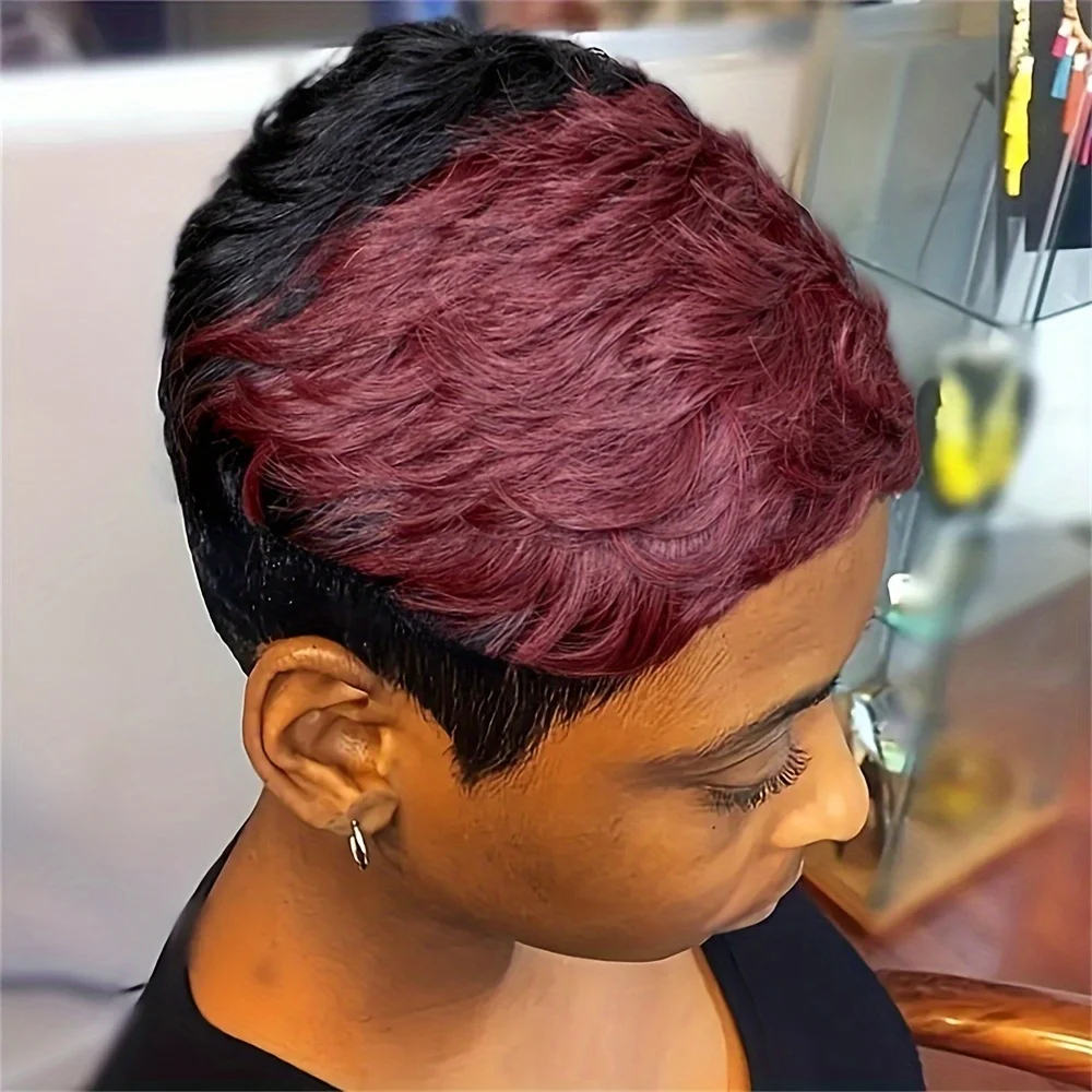 1B99J Two-tone Remy Human Hair Straight Pixie Wig Machine Made Wigs