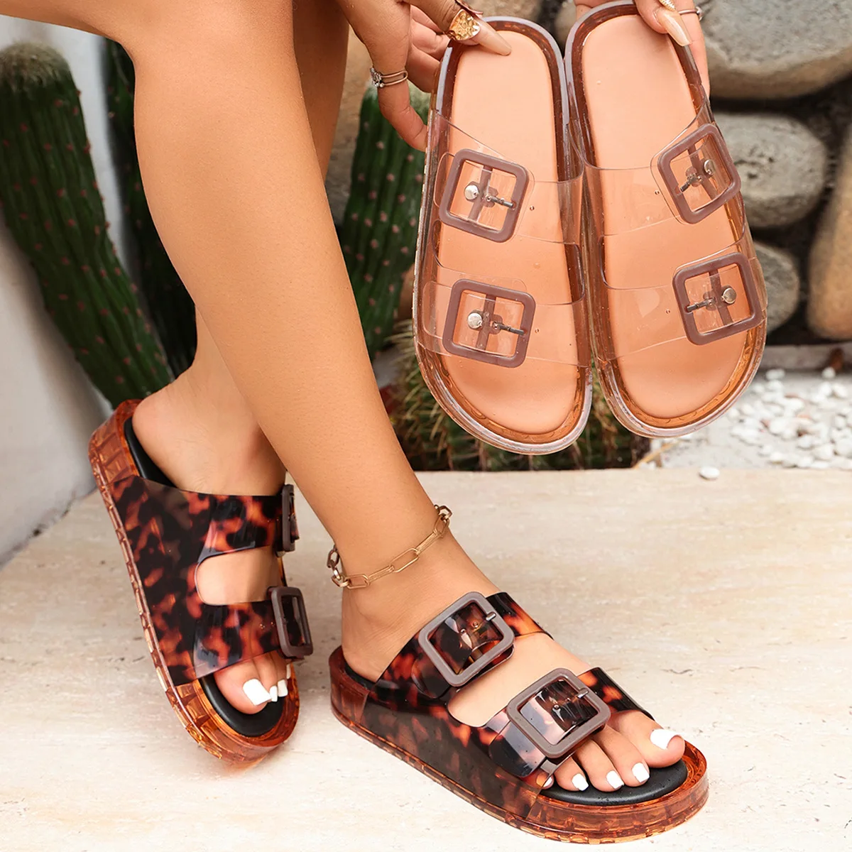 2026 New Women's Leopard Jelly Sandals Double Square Buckle Thick Sole Non-Slip Breathable Outdoor Beach Fashion Slides