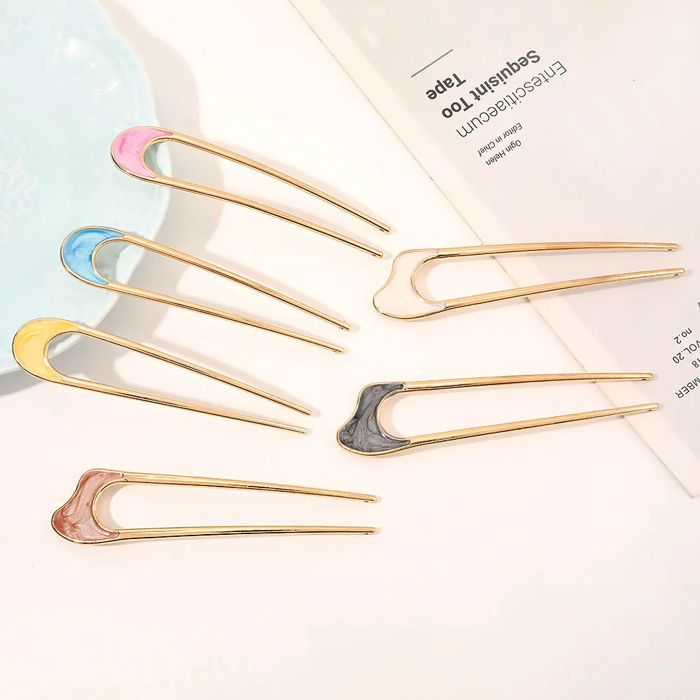 Fashion Hair Accessories Metal U Shape Hair Stick For Women Silver Gold Color Elegant Shell Enamel Hairpin Female Headwear New