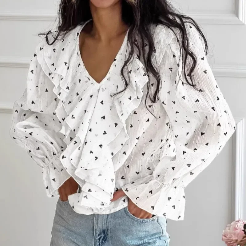 

Tuularose Women's Ruffle Shirt Summer Love Print V-Neck Long Sleeve Shirt Casual Loose Fashion Office Lady Shirt Top Blouses