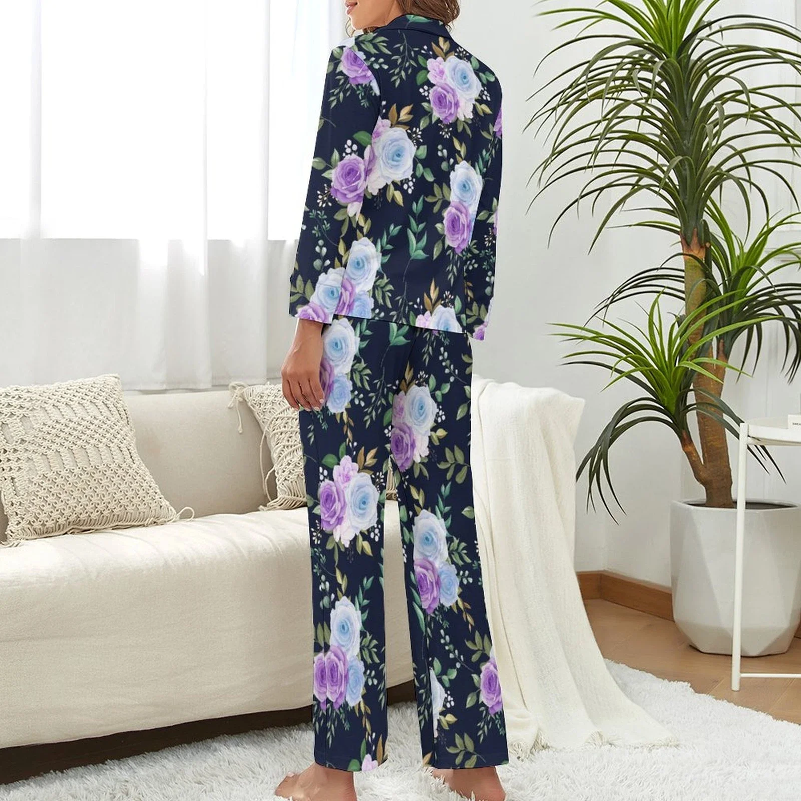 Buysing Women's Pajamas Set Two Pieces Family Pajama Flower Print Couple Lingerie Winter Sleeping Pajamas Luxury Women Gifts