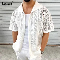 Ladiguard 2024 Summer New Knitting Blouse Solid White Transparent Shirt Camisa Mens Beach Top Cardigans Lepal Collar Knitwear