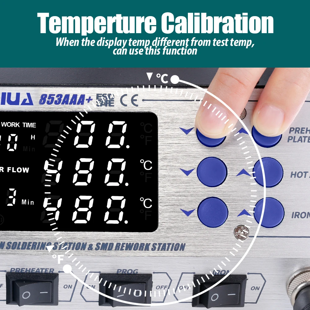 Stasiun Pemanas Ulang YIHUA 853AAA+ 1200W dengan Stasiun Solder BGA SMD dan Penghilang Solder Udara Panas dengan 3 Saluran Preset