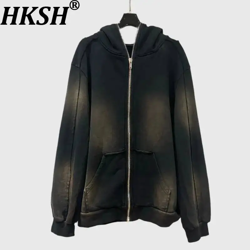 HKSH Autumn Winter New Women Sweatshirt Washed Tie-Dye Distressed Zipper Hooded Pocket Streetwear Vintage Stylish Jacket HK11019