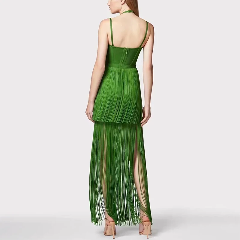 Green Sexy Halter spaghetti-straps Evening Dresses Tassel Bodycon Long Dress Elegant Evening Party Prom Dress Customized