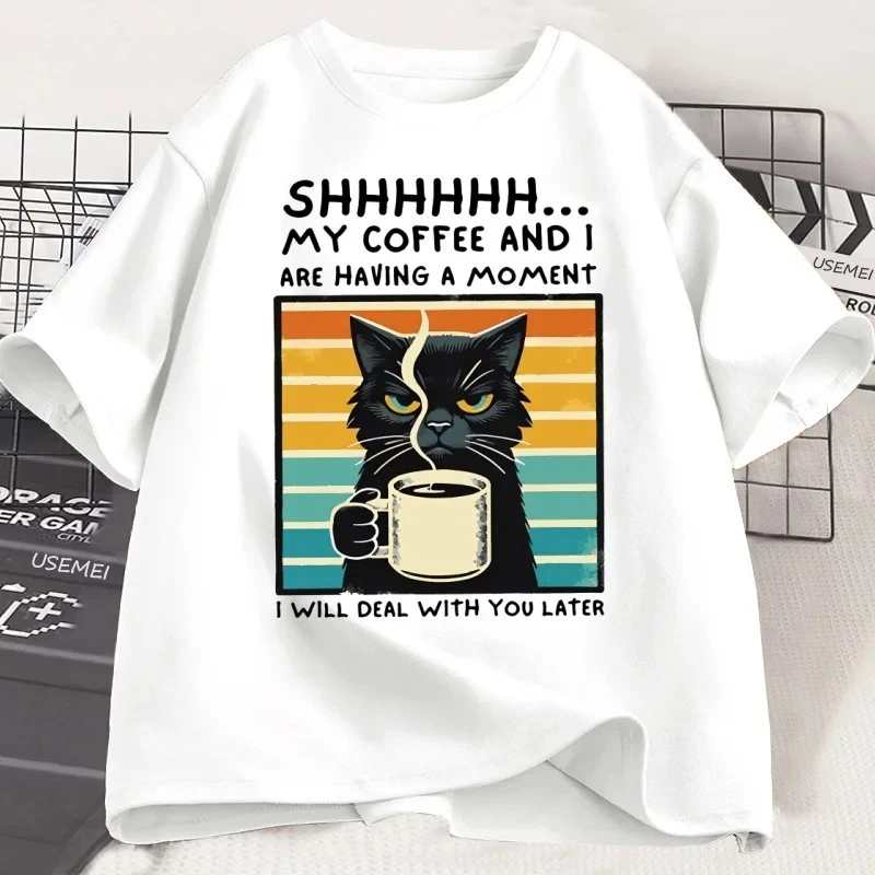 

Funny Coffee Cat T-Shirt Summer Short Sleeve Cat T Shirt Coffee Lover Tee Shirt Retro Cat T Shirt Clothes