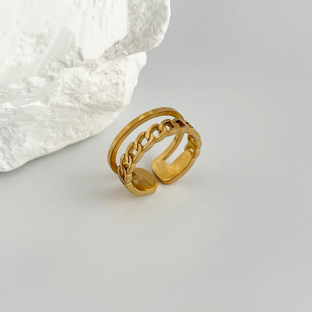 Peri'sBox Punk 2 Layers Hollow Oval Chain Ring For Women Gold Color Trendy Adjustable Opening Ring Hip Hop Simple Geometric Ring image 4