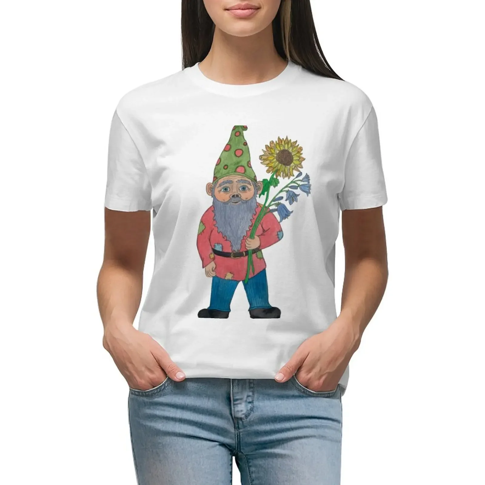 

Gnome With Flowers T-shirt female Female clothing kawaii clothes Women's cotton t-shirt