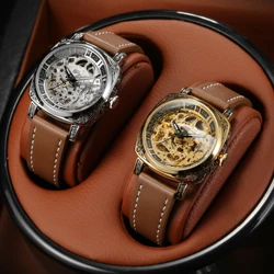 SKROX Gold Silver Couples Watches Steel Skeleton Automatic Mechanical Leather Luxury Men's Women's Double Wristwatches Presents