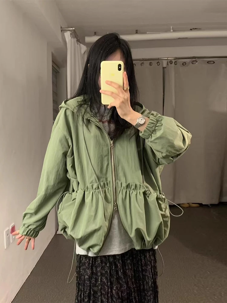 Chic automne nouveau rétro Dstring grand ket Design fermeture éclair à capuche longue Sve Jaet vêtements d'extérieur pour femmes décontracté trajet Sle