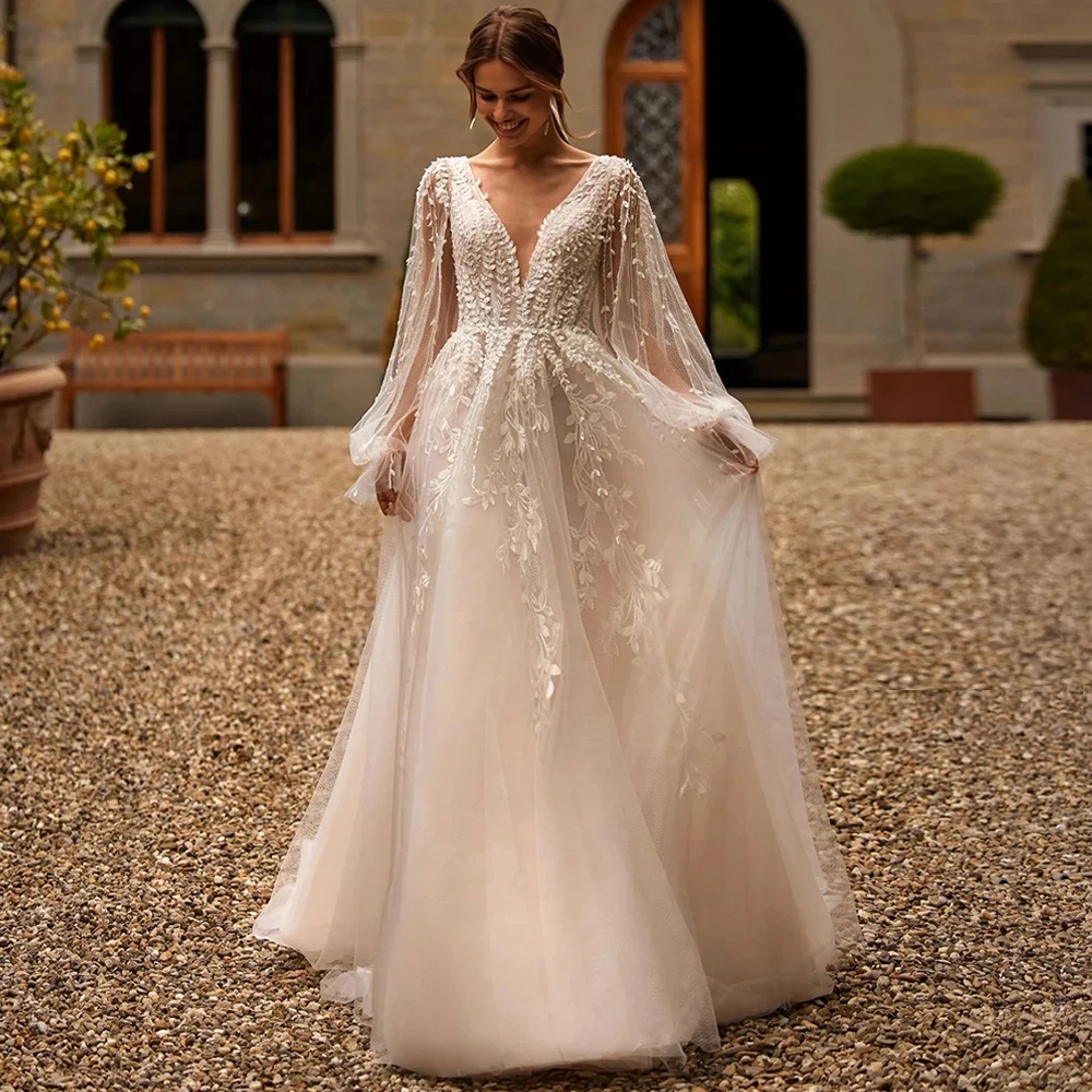 

Ivory Wedding Dresses Lace Customized Full Sleeve Bride Gown Soft Tulle Lace A-Line Court Train فستان حفلات