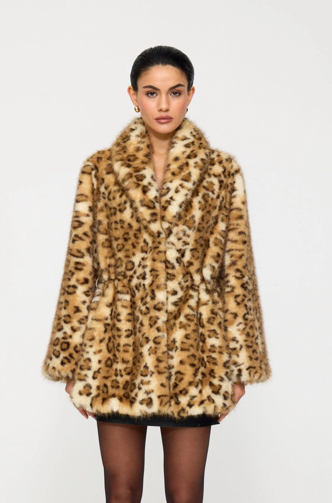 Laur 2026 Women Leopard Print Faux Fur Coat,Drawstring Waist Lapel Collar Loose Warm Winter Furry Outerwear