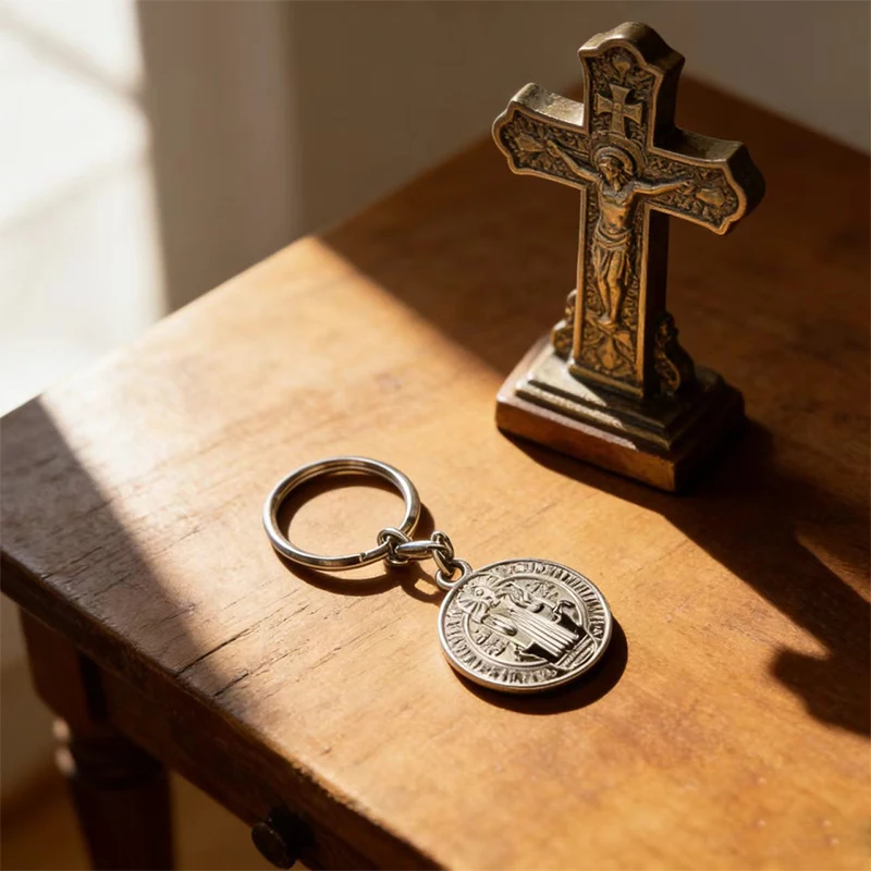 Byzantinische St. Benedikt-Medaillen-Schlüsselanhänger, doppelseitig, aus Edelstahl, katholisches orthodoxes religiöses Amulett für Autoschlüsselring, christlich – Detail 1