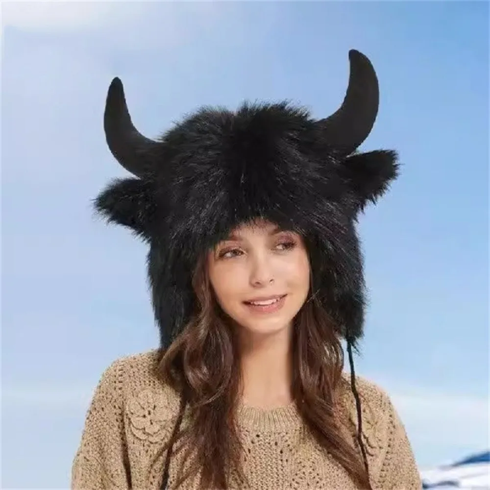 High Quality Unisex Bullhead Plush Hat with Horns Fluffy Earflap Hat Windproof Thick Cotton Hat