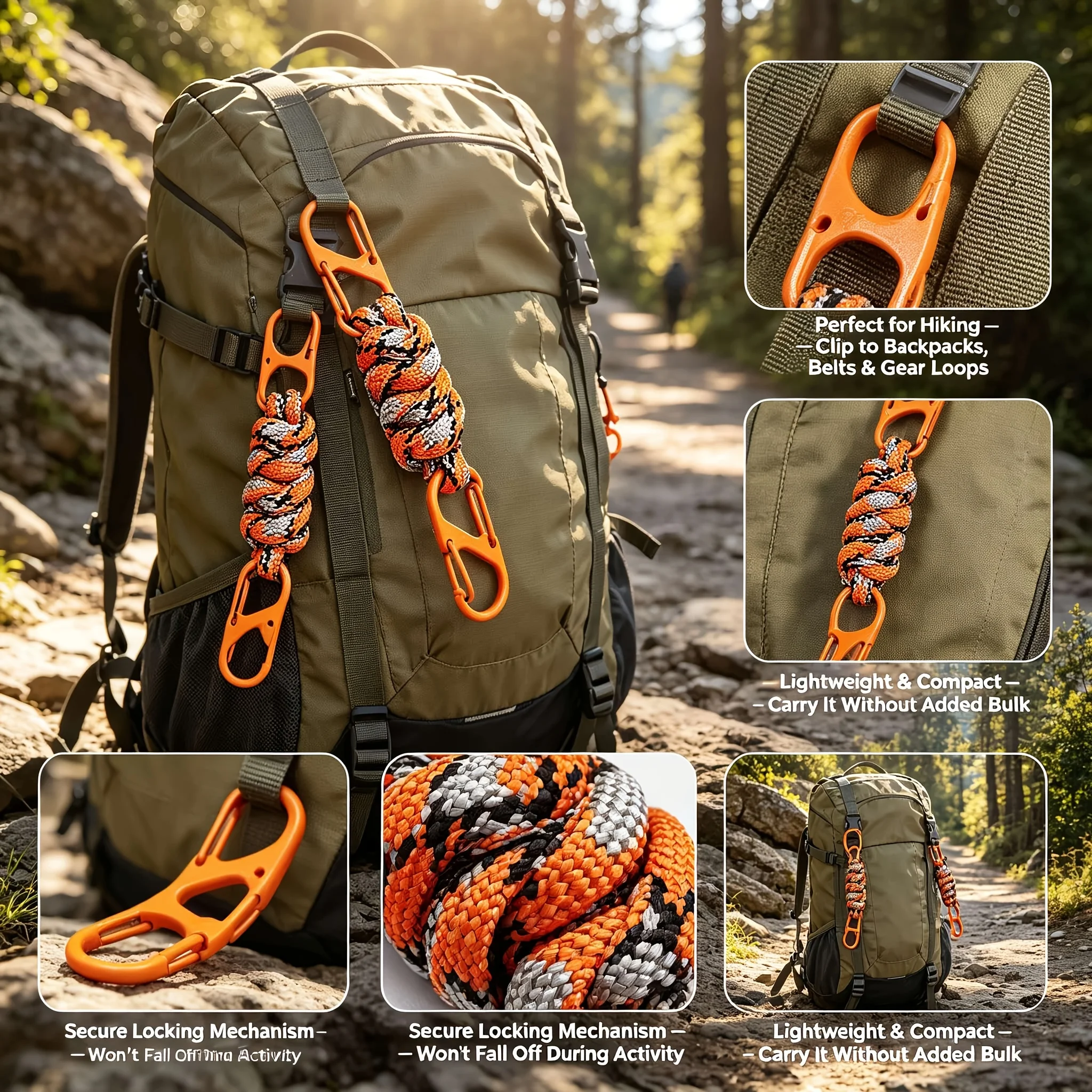 2pcs Hand Woven Paracord Short Pendant Double Ended Shaped Carabiner Multicolor Key Headphone Water Bottle Hook Portable Outdoor