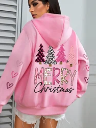 Merry Christmas And The Tree Printing Women Hooded Fashion Warm Comfortable Hooded Round Neck Casual Hoodies Fleece Soft Clothes