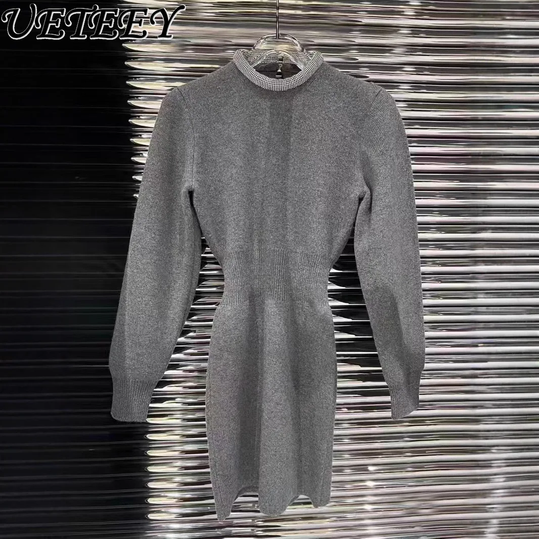 Niche 2025 New Diamond-encrusted Wool Knitted Dress Slimming Waist Pullover Splicing Long Sleeve Skinny Versatile Dresses