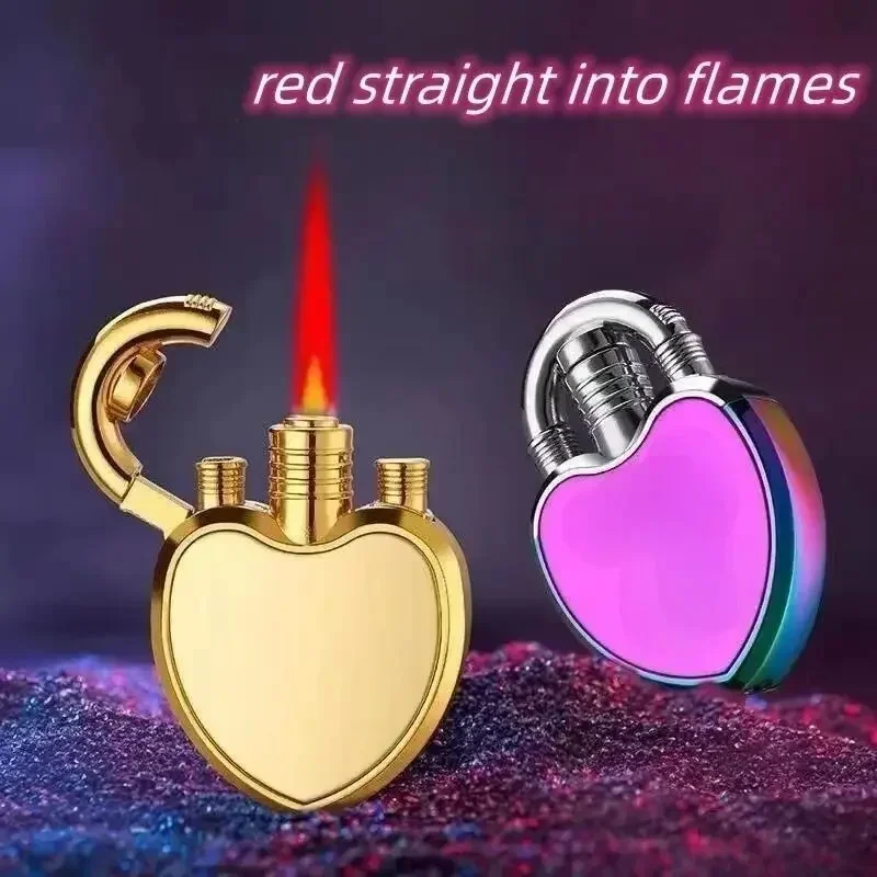 Mini Metal Fashionable Heart-shaped Inflatable Lighter Windproof Spray Pink Flame Cute Portable Lighter for Women Smoking Gift