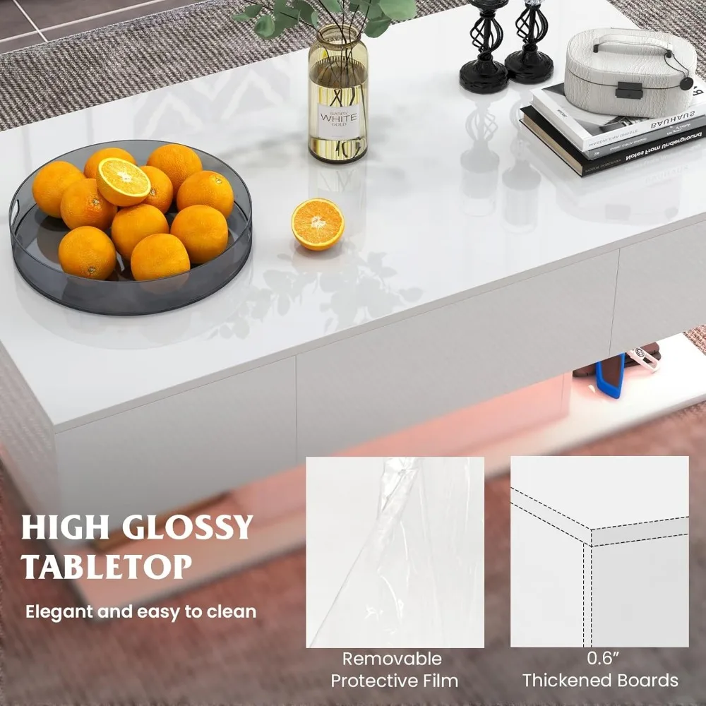 Modern LED Coffee Table with 2 Drawers, High Gloss Finish, 20-Color Dimmable Lights, Remote Control, 2-Tier Design