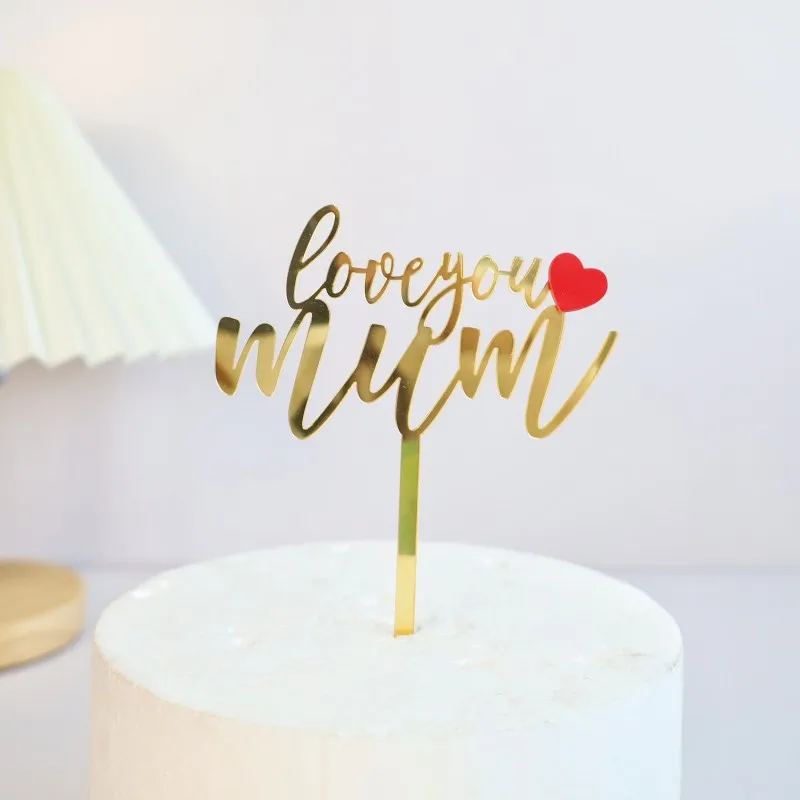 Best Mom Mother\'s Day Party Cake Topper Pink Red Love You Mum Acrylic Cake Topper for Mommy Birthday Party Cake Decorations Gift