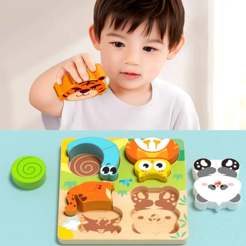 Giocattoli in legno 4 in 1 Puzzle in legno 3D Animali del fumetto Puzzle cognitivo Giocattoli educativi per l'apprendimento precoce per il regalo dei bambini