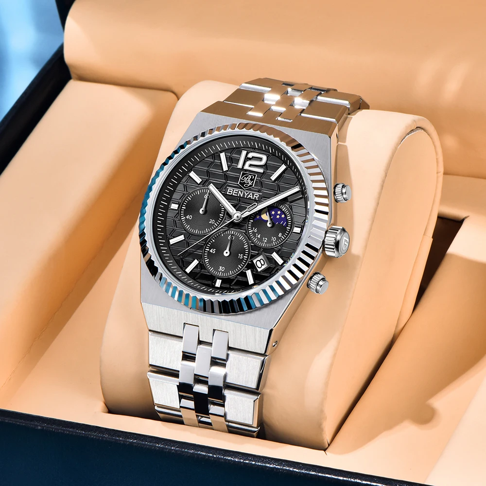 

2025 New BENYAR Fashion Business 40MM Men's Watch Waterproof luminous Multi functional Stainless Steel Watches for Man+Relojes
