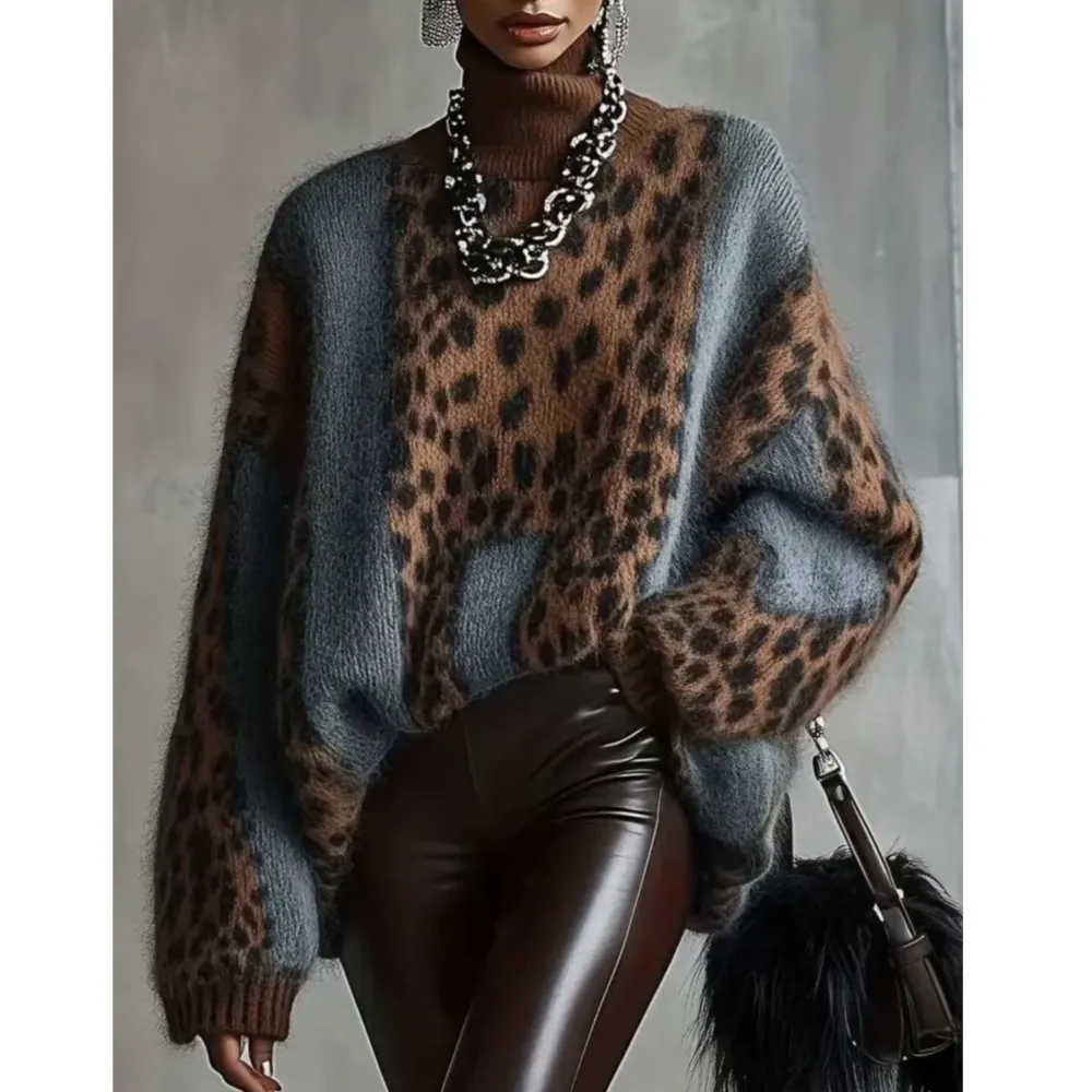 Women Fashion Lazy Leopard Print Sweater Sweater Autumn Winter Thickened Warm Outer Wear Loose Retro Splicing Sweater Female Top