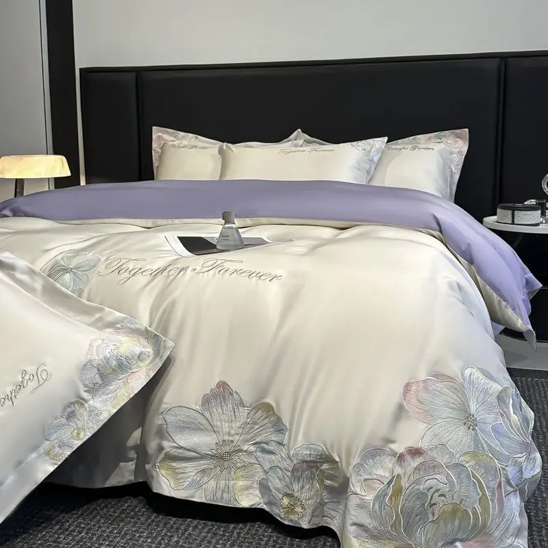 Premium long-staple cotton cotton four-piece set, flower pure cotton bed sheet embroidered mattress light luxury quilt cover