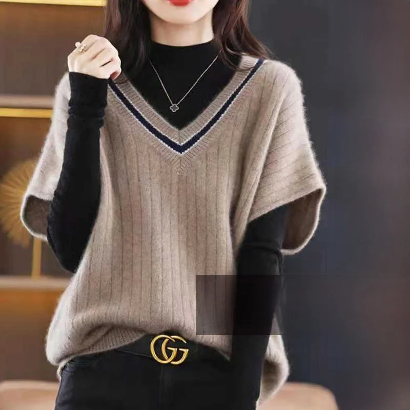 

Женский вязаный жилет больших размеров, свитер с V-образным вырезом, пуловер, верхняя одежда для полных женщин, осенне-зимняя модная универсальная модель стандартного кроя
