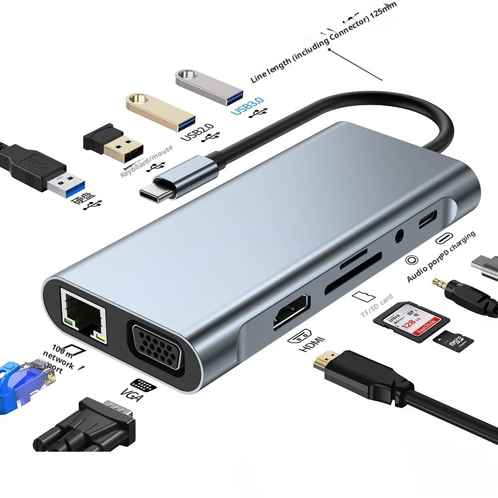 USB 3.0 Hub VGA HDTV Hub Type-C/M 11 in 1 USB 3.0 Type-c Multiport Data Video Audio Output Computer Adapter SD/TF Card Reader