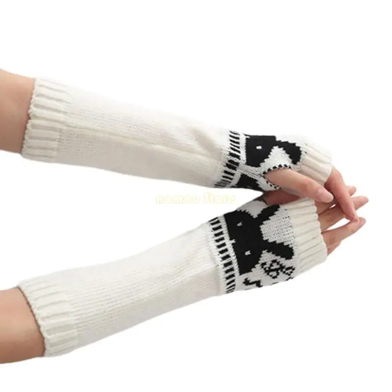 

31BF Unisex Gloves Knitted Rabbit Oversleeves Warm Arm Sleeve Fingerless Cuff Gloves