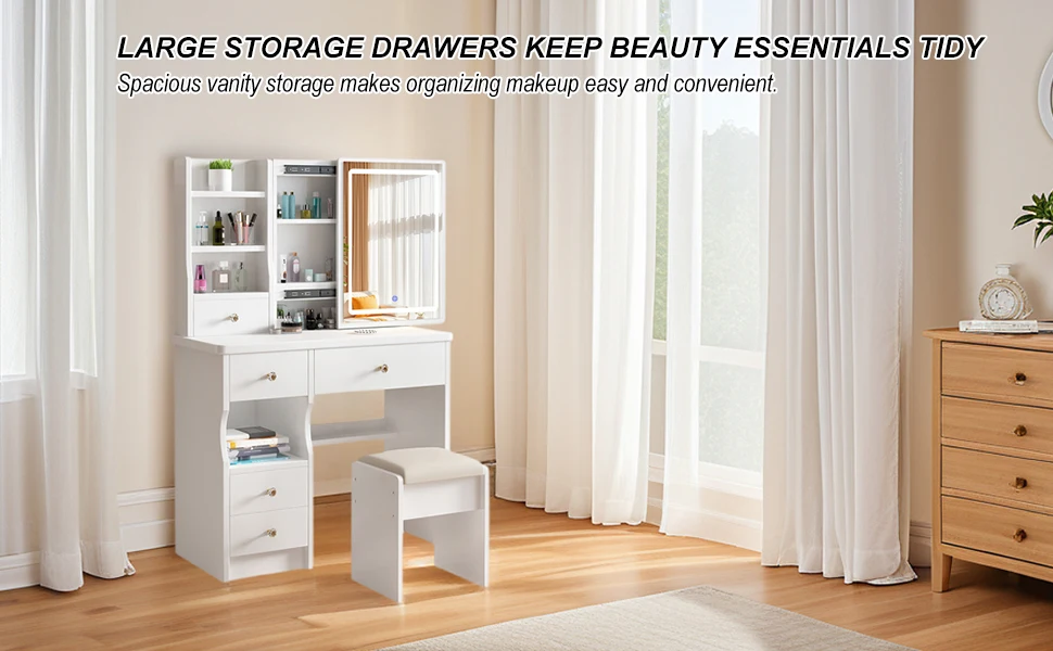 Vanity Desk Makeup Vanity Desk with Sliding Mirror and Lights, Makeup Vanity Set with Drawers, Stool and Open Shelves, 3 Color Lighting Modes Brightness Adjustable Dressing Table for Bedroom