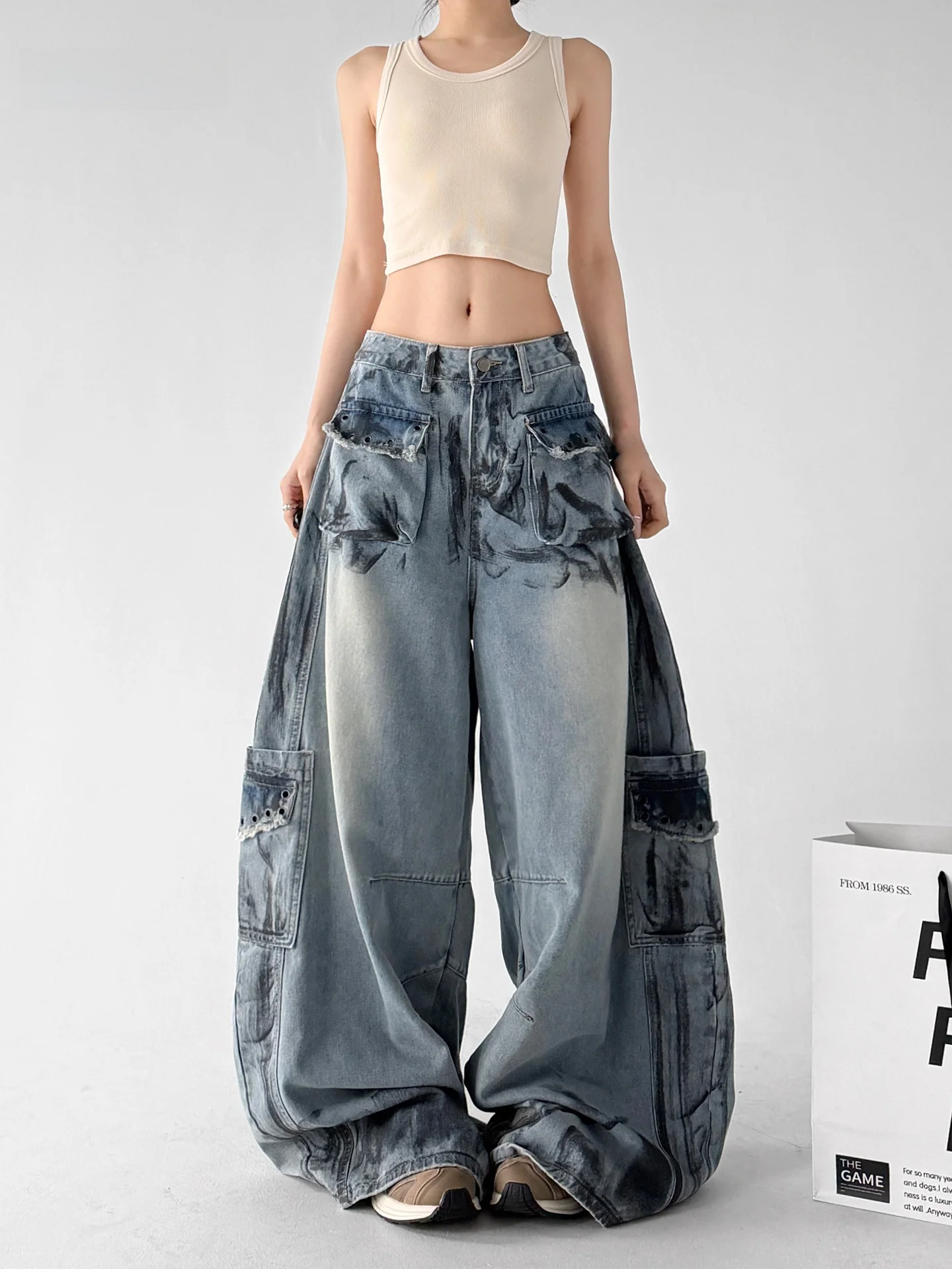 

Retro Workwear Light Blue Denim High Waist Wide Leg Pants Women's Vintage Faded Loose Fit Summer Fashion New Arrival