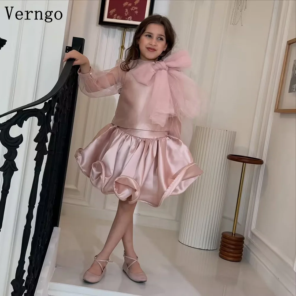 

Verngo Розовое атласное мини-платье с цветочным узором для девочек с круглым вырезом и длинными рукавами, трапециевидное платье с бантом для дня рождения, детское платье для выпускного вечера знаменитостей по индивидуальному заказу
