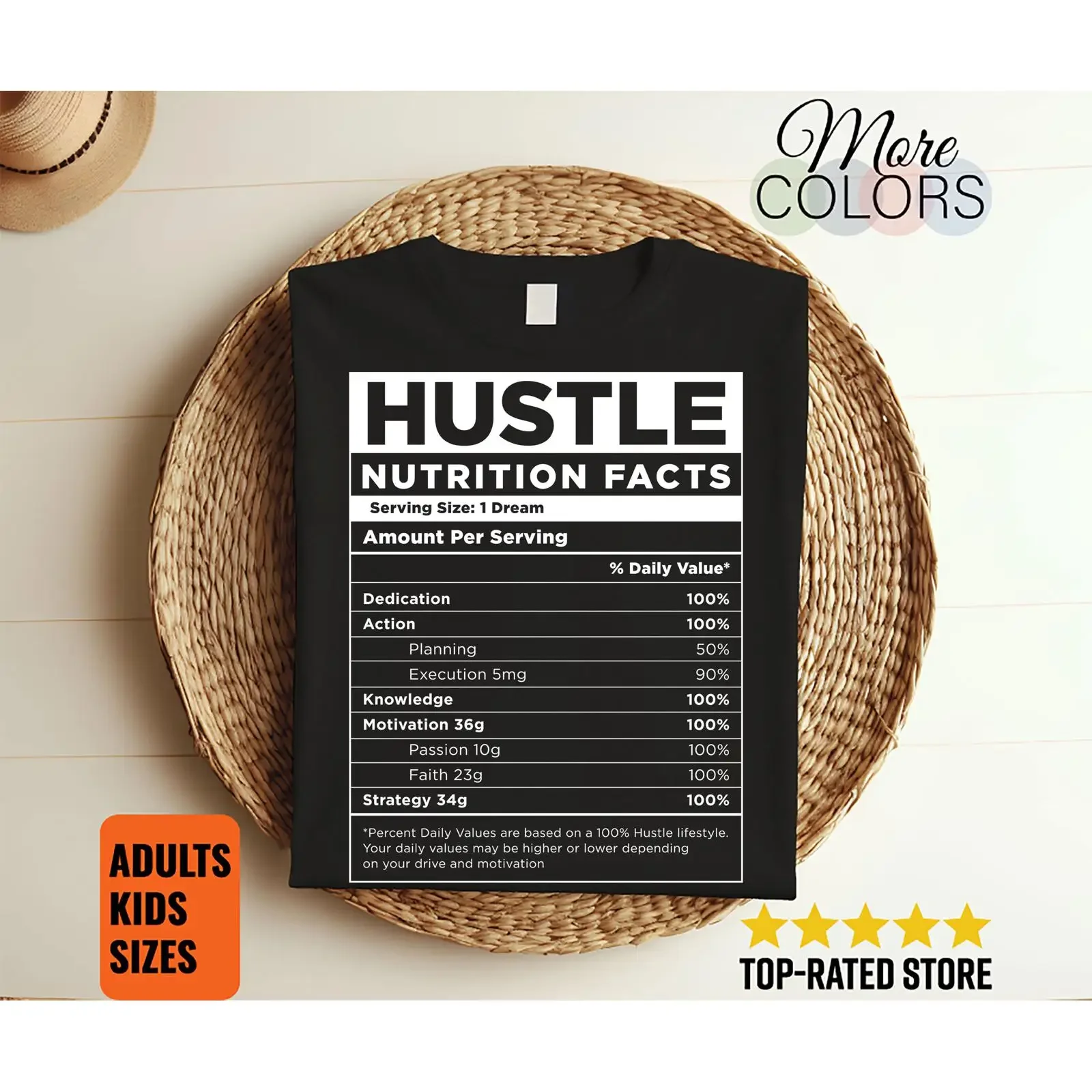 Camiseta divertida con información nutricional de Hustle, motivacional para emprendedores, inspiradora para los que trabajan duro, informal, vintage, lavada