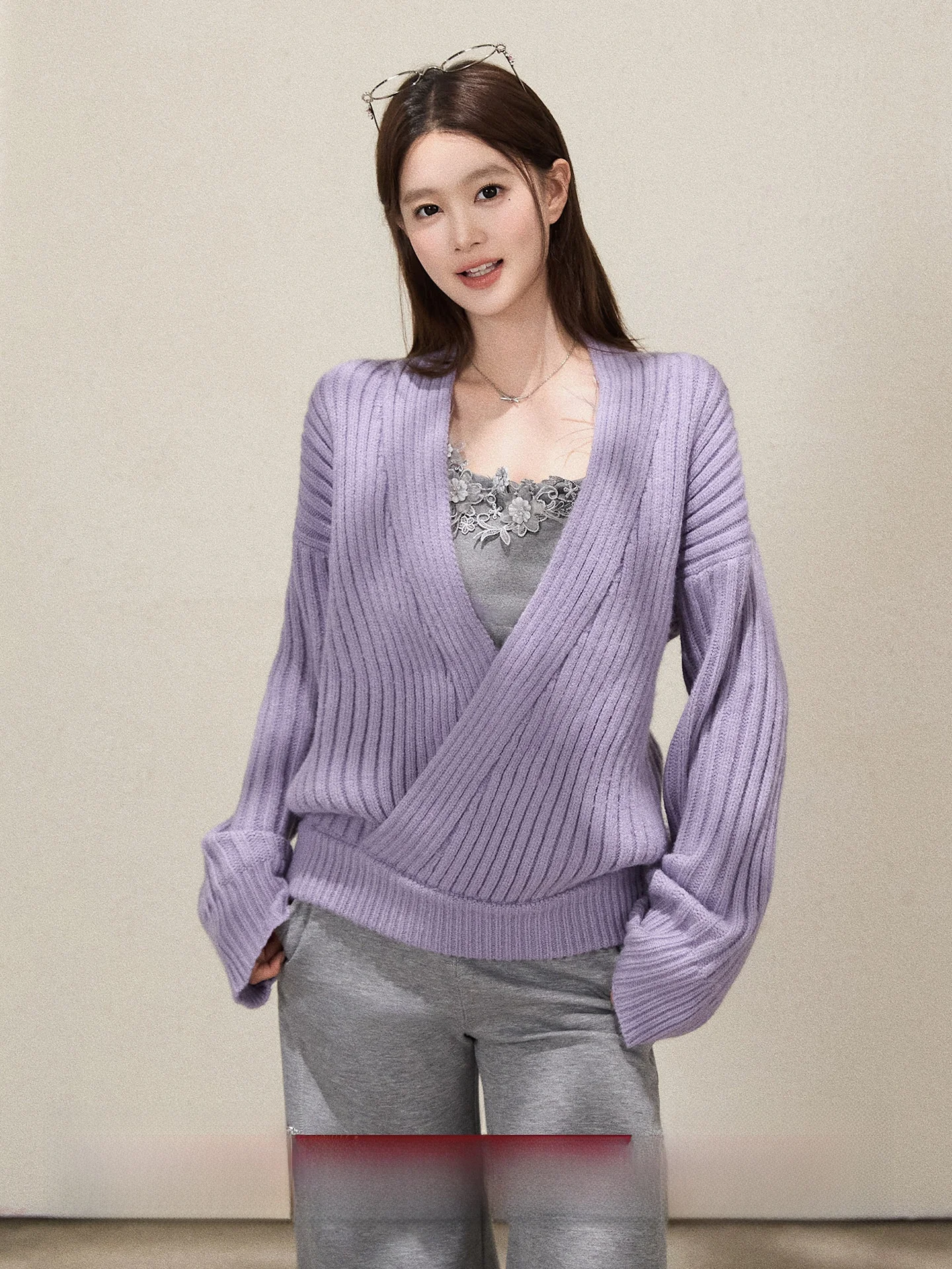 

Purple V-Ne Crossed Sweater Women's Loose Fit Knitted Top Slimming Outerwear Casual Autumn Wear Exu Meat Pit Stripe