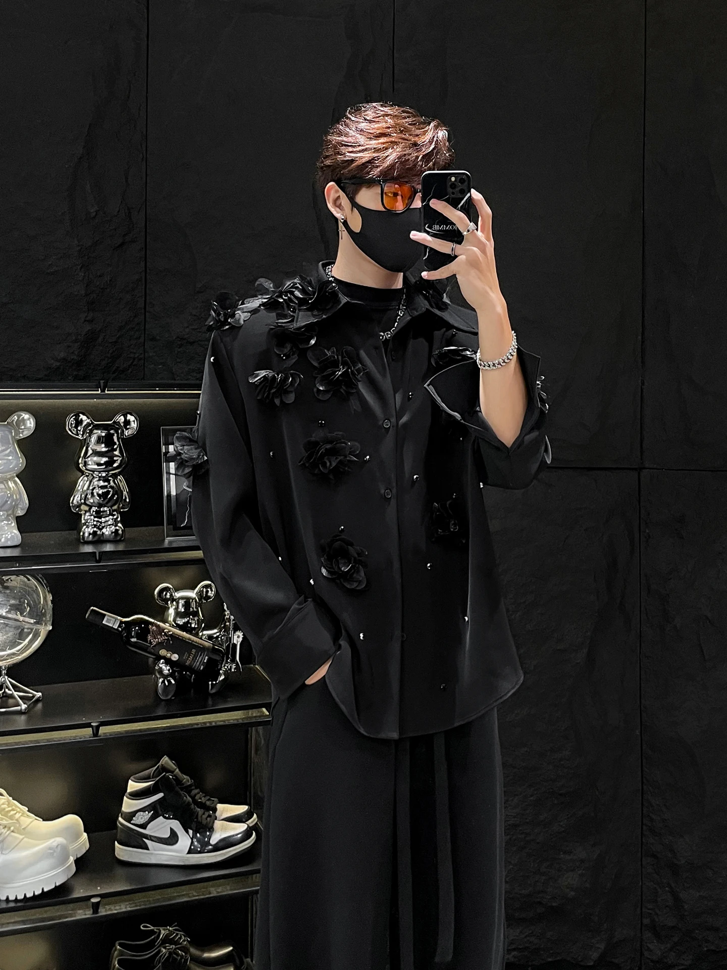 

HOMME Bla Long Sve irt Men's oulder Padded Casual High-End Feeling 3D Flower Embroidery Mirror-Free Polyester Fiber