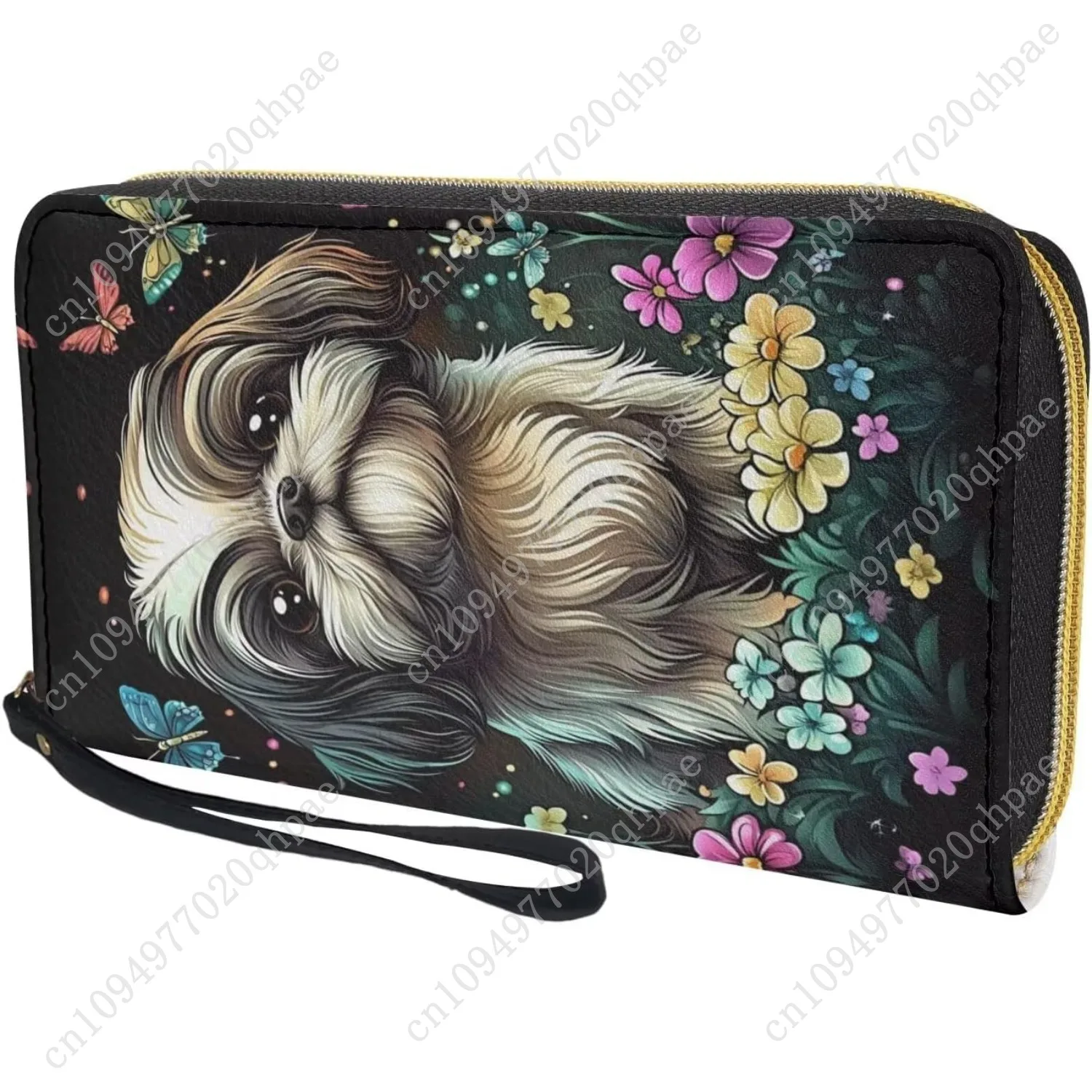 محافظ شيه تزو اللطيفة على شكل زهور للنساء من جلد البولي يوريثان وحامل بطاقات وسحاب ومنظم قابض طويل مع حزام معصم