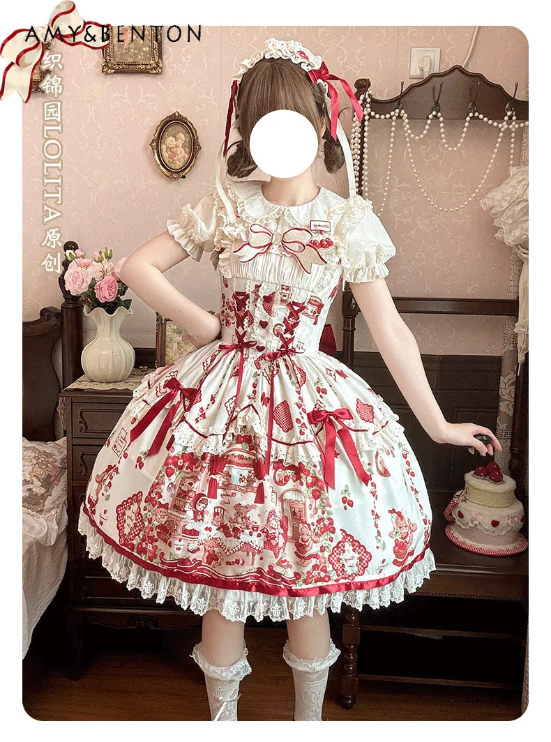 Abito da principessa stile ragazza dolce e carino quotidiano da donna originale Lolita Abiti da sera da fata Abito tutu sottile stampato con cartoni animati Kawaii